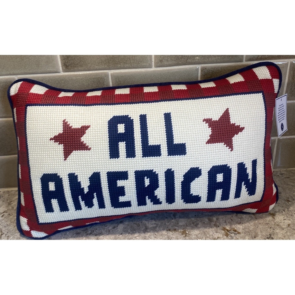 Martha Stewart All American Patriotic Needlepoint Pillow Gingham Lumbar 14x8 NWT
